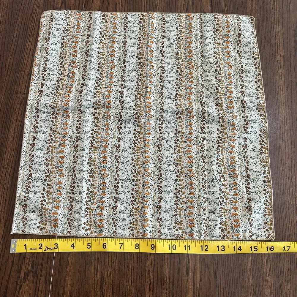 Vintage 70s Cream Orange Brown Floral Stripe Cotton Napkins Set Of Two